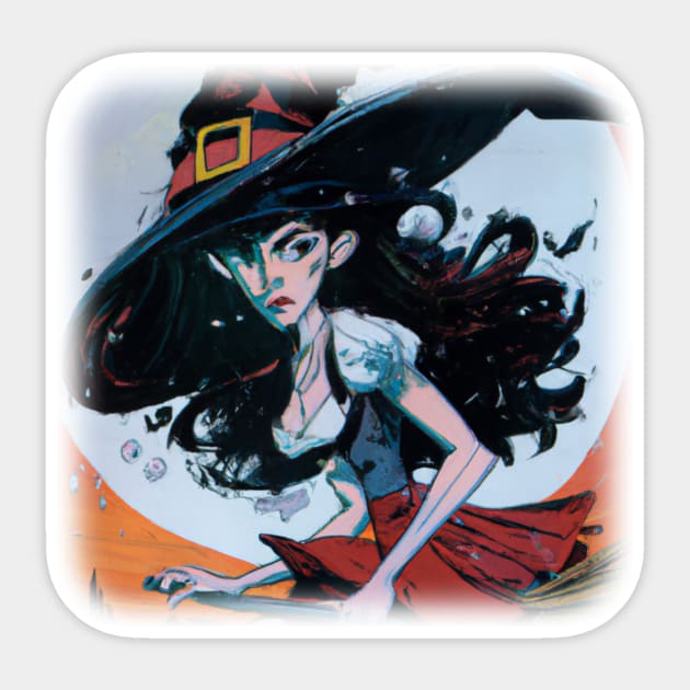 Drawing of a witch on a broom stick Sticker by Perryfranken